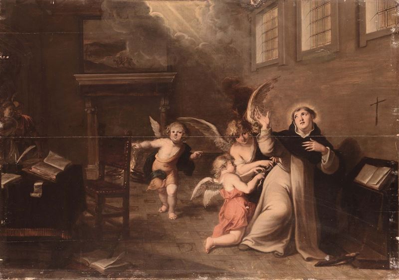 Scuola Fiamminga del XVII secolo Santo monaco con cherubini  - Auction Antique and Old Masters - Cambi Casa d'Aste