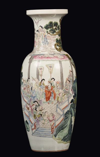Grande Vaso in Porcellana Policroma Famiglia Rosa Decorato con Raffigurazione di Scene di Vita Or...