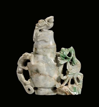 Vasetto con Coperchio, Uccelli e Drago in Giada, Cina