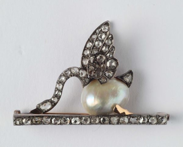 A rose-cut diamonds, pearl, silver and gold brooch