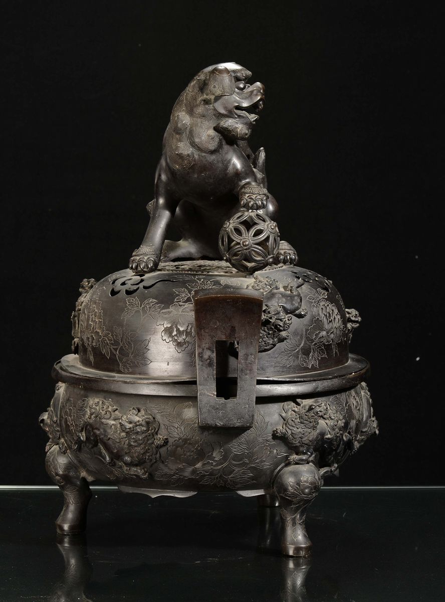 Incensiere in Bronzo con Coperchio a Guisa di Cane di Pho, Cina, Dinastia Qing, XVIII Secolo