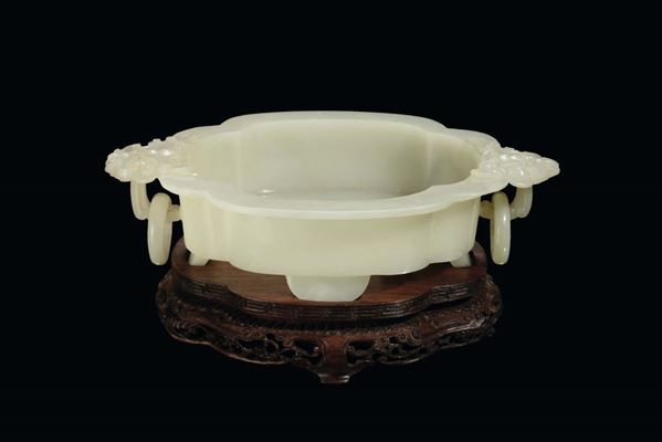 A small white Celadon jade lobed cup, China, Qing Dynasty, 19th century