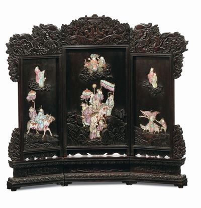 Paravento con Figure in Legno e Porcellana Policroma, Cina, Dinastia Qing, XIX Secolo