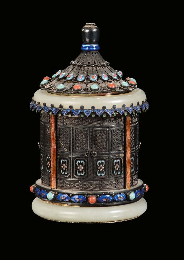A silver “pagoda” box with jade, enamels and hard stone applications, China, Qing Dynasty, 19th century