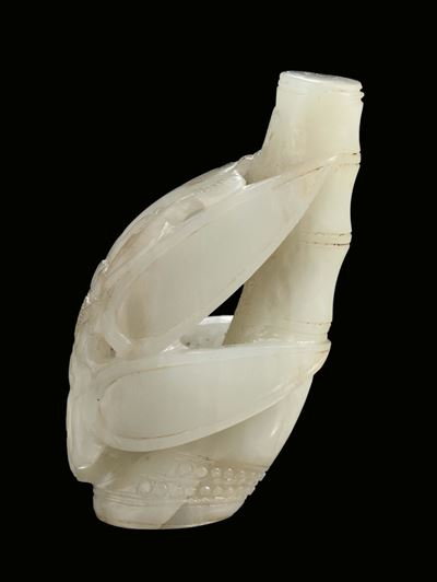 Piccola Snuff Bottle a Guisa di Ramo di Bambù in Giada Bianca, Cina, Dinastia Qing, XIX Secolo