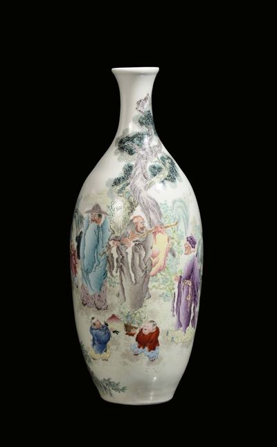 Vaso in Porcellana Policroma con Figure di Saggi Famiglia Verde, Cina, Repubblica, XX Secolo
