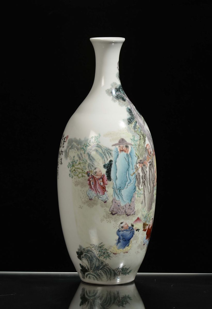 Vaso in Porcellana Policroma con Figure di Saggi Famiglia Verde, Cina, Repubblica, XX Secolo