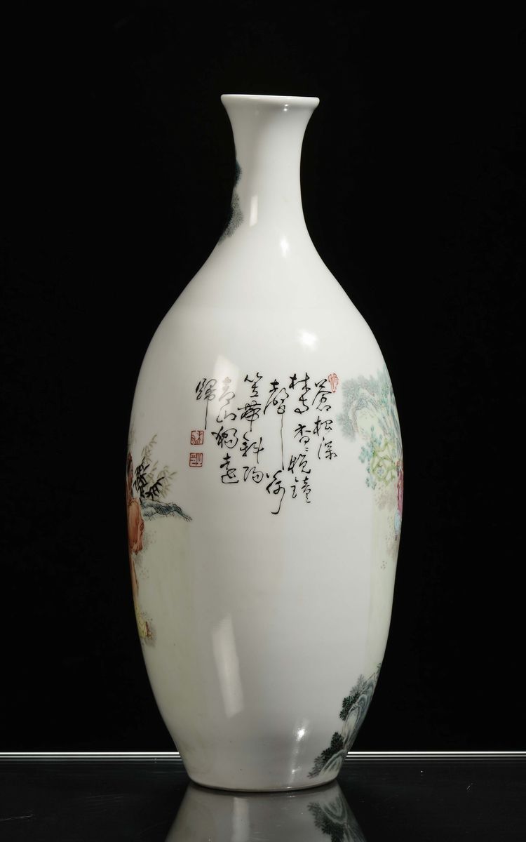 Vaso in Porcellana Policroma con Figure di Saggi Famiglia Verde, Cina, Repubblica, XX Secolo