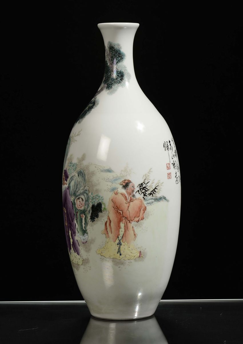 Vaso in Porcellana Policroma con Figure di Saggi Famiglia Verde, Cina, Repubblica, XX Secolo