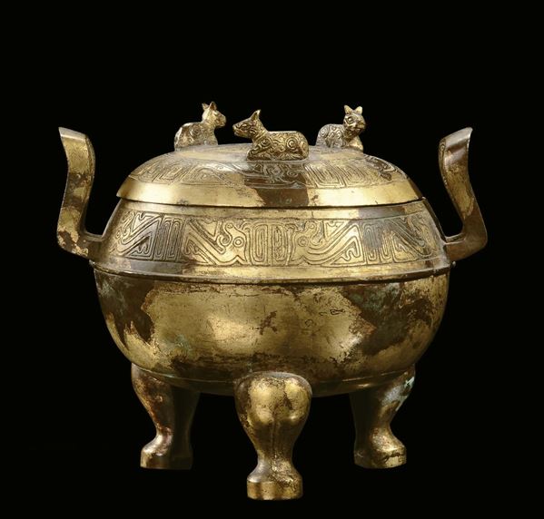 A bronze gilt censer and cover with stylized decoration, China, Ming Dynasty, 17th centuryapocryphal Xuande mark