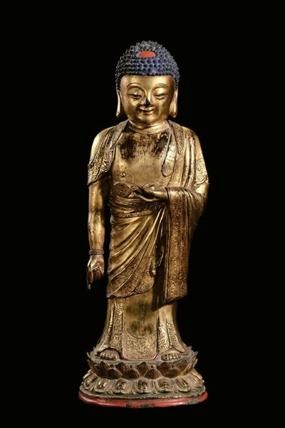 Grande Buddha Eretto in Bronzo Dorato, Cina, Dinastia Ming, XVII Secolo