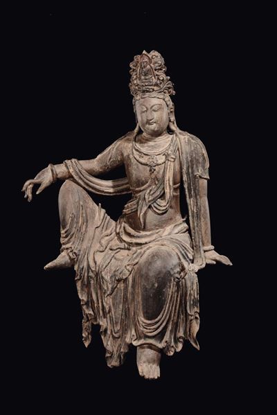Scultura in Legno di Guanyin Seduta, Cina, Dinastia Qing, XIX Secolo