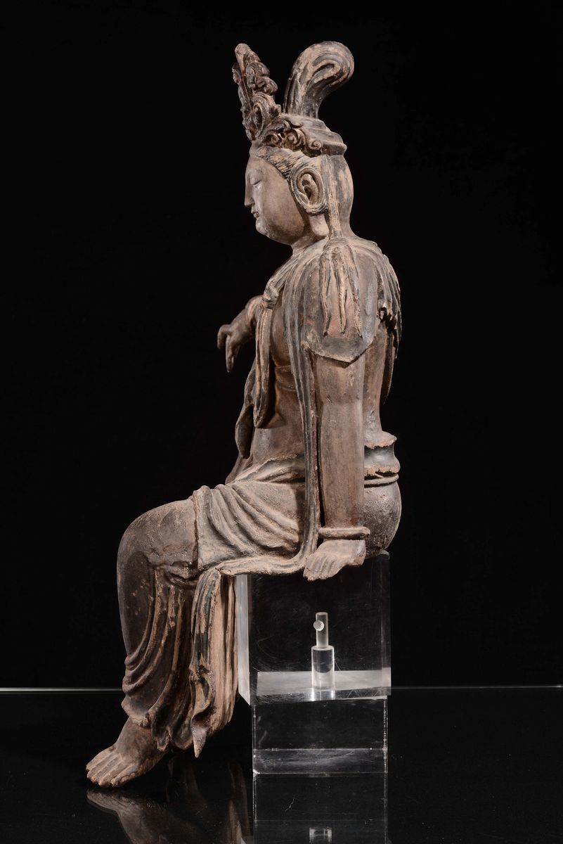 Scultura in Legno di Guanyin Seduta, Cina, Dinastia Qing, XIX Secolo
