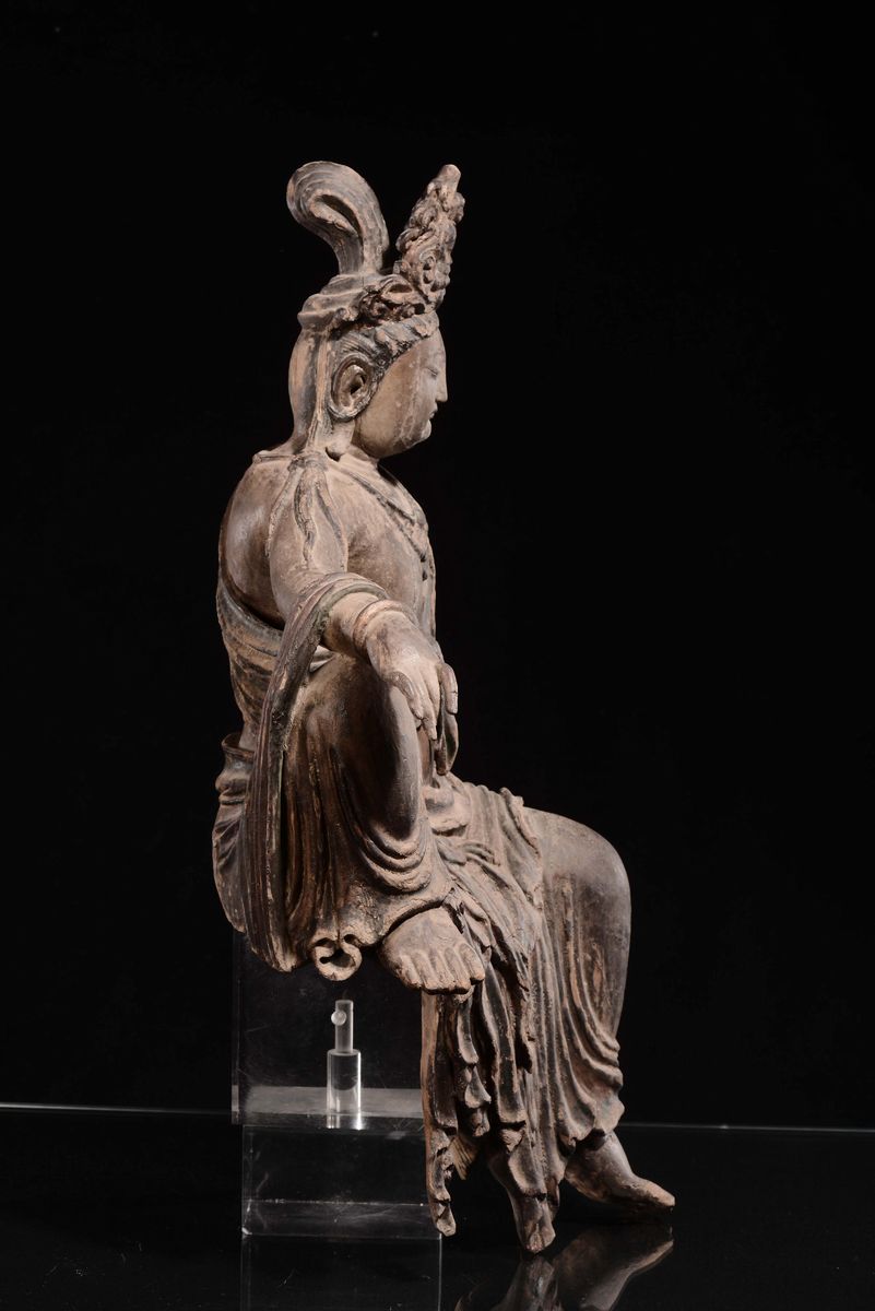Scultura in Legno di Guanyin Seduta, Cina, Dinastia Qing, XIX Secolo