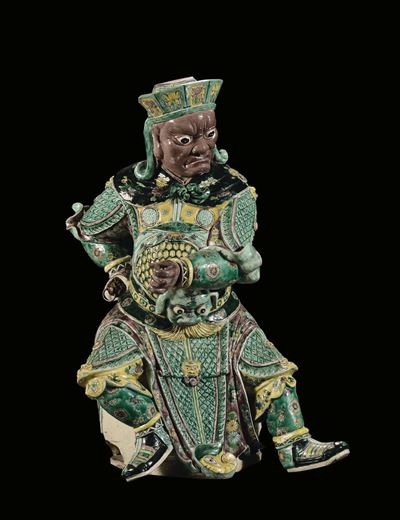 Guandi in Porcellana Policroma sulla Tonalità del Verde, Famiglia Verde, Cina, Dinastia Qing, XIX...