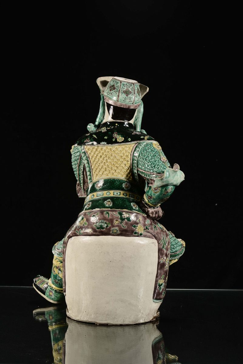 Guandi in Porcellana Policroma sulla Tonalità del Verde, Famiglia Verde, Cina, Dinastia Qing, XIX...