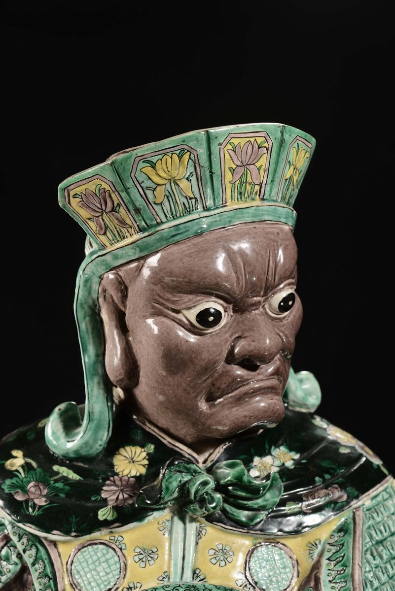 Guandi in Porcellana Policroma sulla Tonalità del Verde, Famiglia Verde, Cina, Dinastia Qing, XIX...