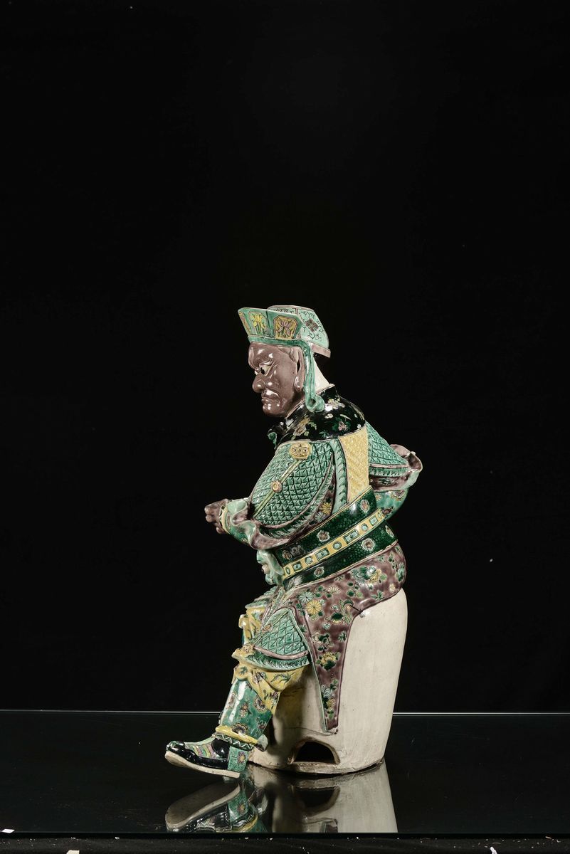 Guandi in Porcellana Policroma sulla Tonalità del Verde, Famiglia Verde, Cina, Dinastia Qing, XIX...