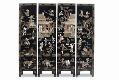 Paravento a Quattro Ante con Inserti di Pietre Dure, Cina, Repubblica, XX Secolo