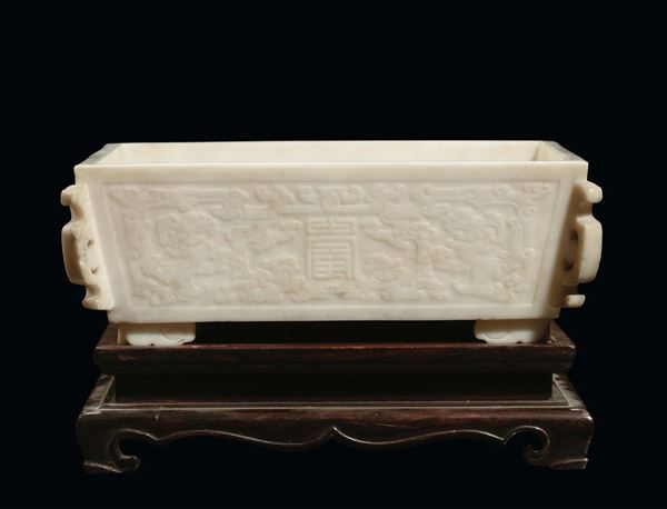 A marble square bowl with reliefs in archaic motive, China, Qing Dynasty, Jiaqing Period (1796-1820)