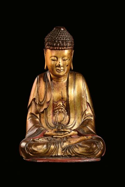 Figura di Buddha in Legno Dorato, Cina, Dinastia Qing, XVIII Secolo