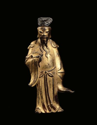 Lohan Eretto in Bronzo Dorato, Cina, Dinastia Ming, XVII Secolo