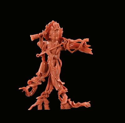 Figura in Corallo Raffigurante Guanyin con Campanello,cina, Inizio XX Secolo