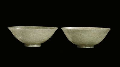 Coppia di Ciotole in Giada Verde Celadon, Cina, Dinastia Qing, Periodo Qianlong (1736-1795)