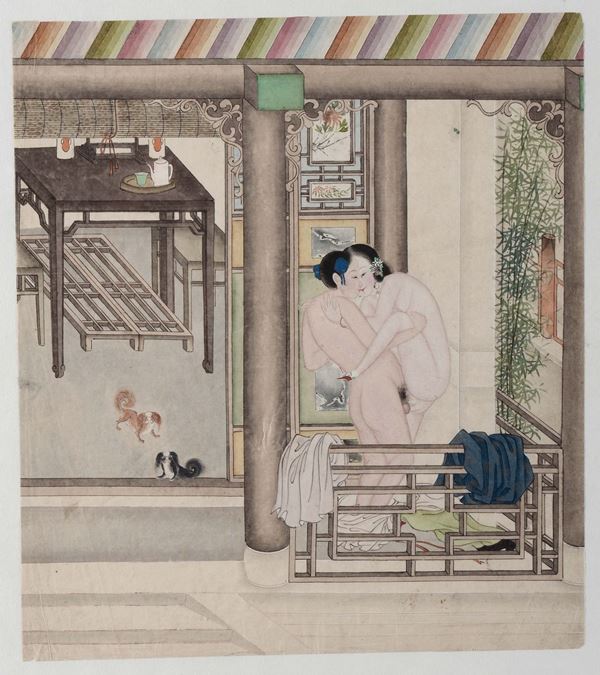 Anonimo, Dipinto su carta con scena erotica, Cina, Dinastia Qing, seconda metà del XIX secolo