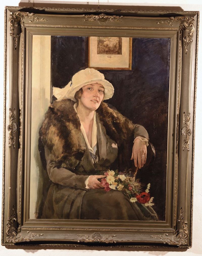 Anonimo del XIX secolo Donna con fiori, 1921  - Asta Antiquariato e Dipinti Antichi - Cambi Casa d'Aste