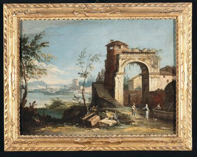 Scuola Veneta del XVIII Secolovedute con Rovine e Personaggi
