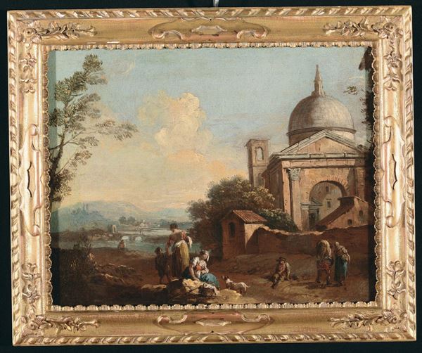 Giuseppe Zais (Forno di Canale 1709 - Treviso 1784) Veduta di campagna con chiesa e personaggi Cavalleggero con personaggi e ruderi
