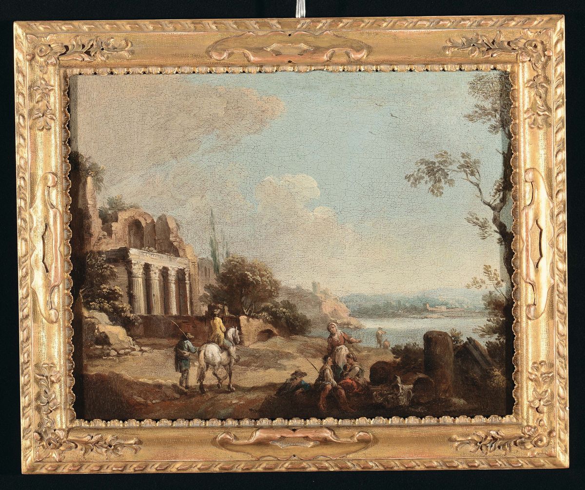 Giuseppe Zais (forno di Canale 1709 - Treviso 1784)veduta di Campagna con Chiesa e Personaggi Cav...