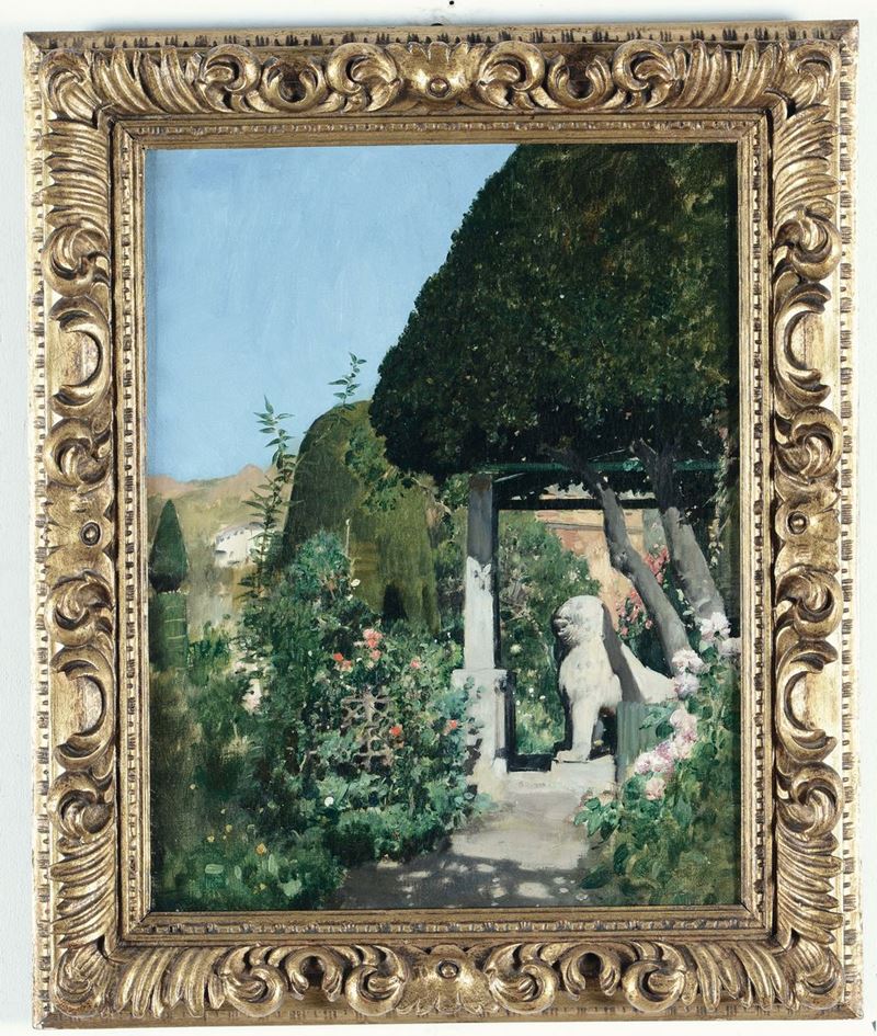 Alberto Pasini (Busseto, 1826 – Cavoretto, Torino, 1899) Giardino con statue di leoni (Giardini del Partal, Alhambra, Granada) 1883  - Auction Fine Selection - II - III - Cambi Casa d'Aste