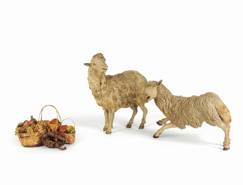 Due pecore in terracotta con cestini, Napoli, XIX secolo  - Asta Un'Importante Raccolta di Sculture del Presepe Napoletano - I - Cambi Casa d'Aste