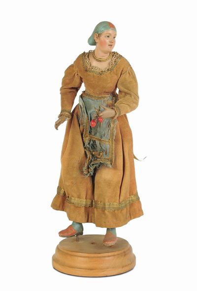 Scultura da Presepe Raffigurante Giovane Contadina con Copricapo Verde, Napoli, XVIII/XIX Secolo
