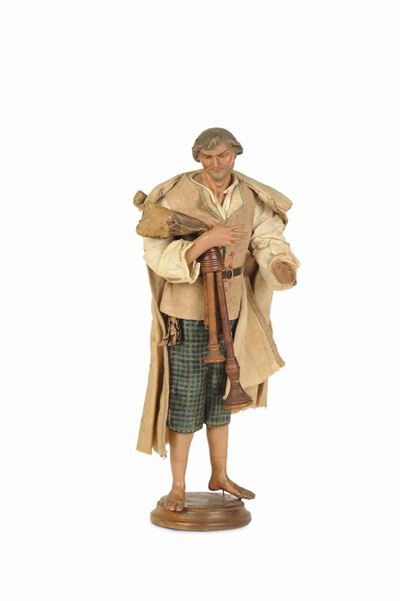 Scultura da Presepe Raffigurante Giovane Pastore con Zampogna, Napoli, XVIII/XIX Secolo