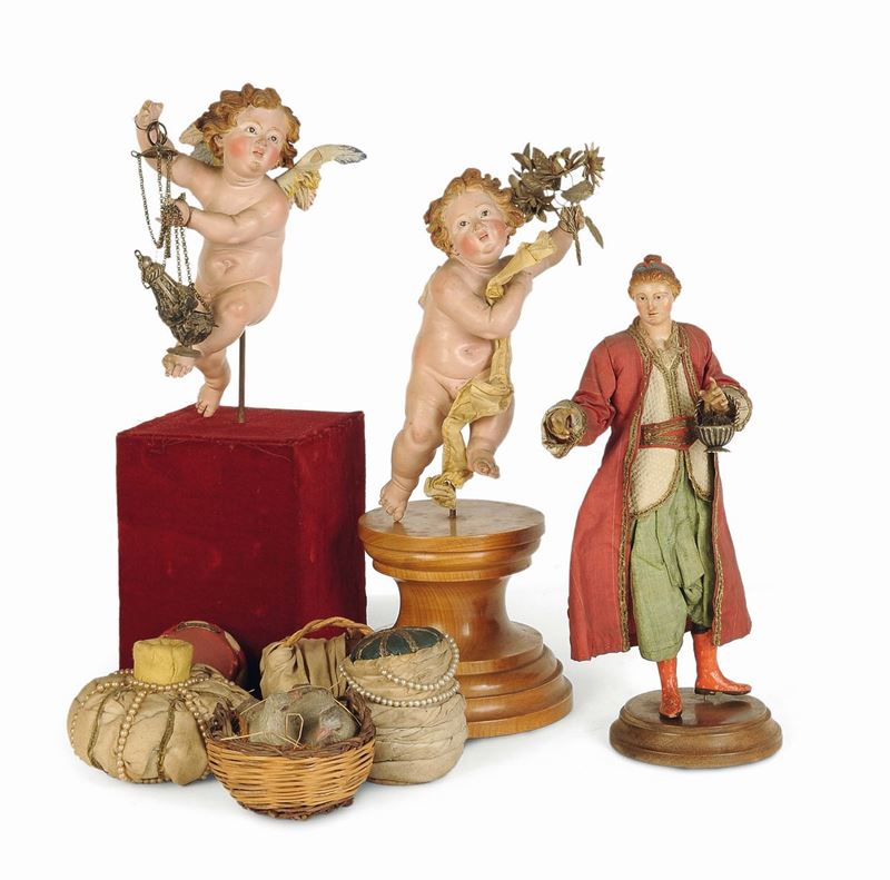 Piccola georgiana con accessori e putti, Napoli, XVIII/XIX secolo  - Auction An Important Collection of Sculptures of the Neapolitan Crib - I - Cambi Casa d'Aste