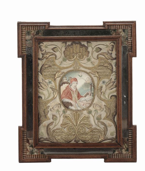 Ricamo con dipinto ovale di pontefice su pergamena entro cornice a specchio, XVIII secolo