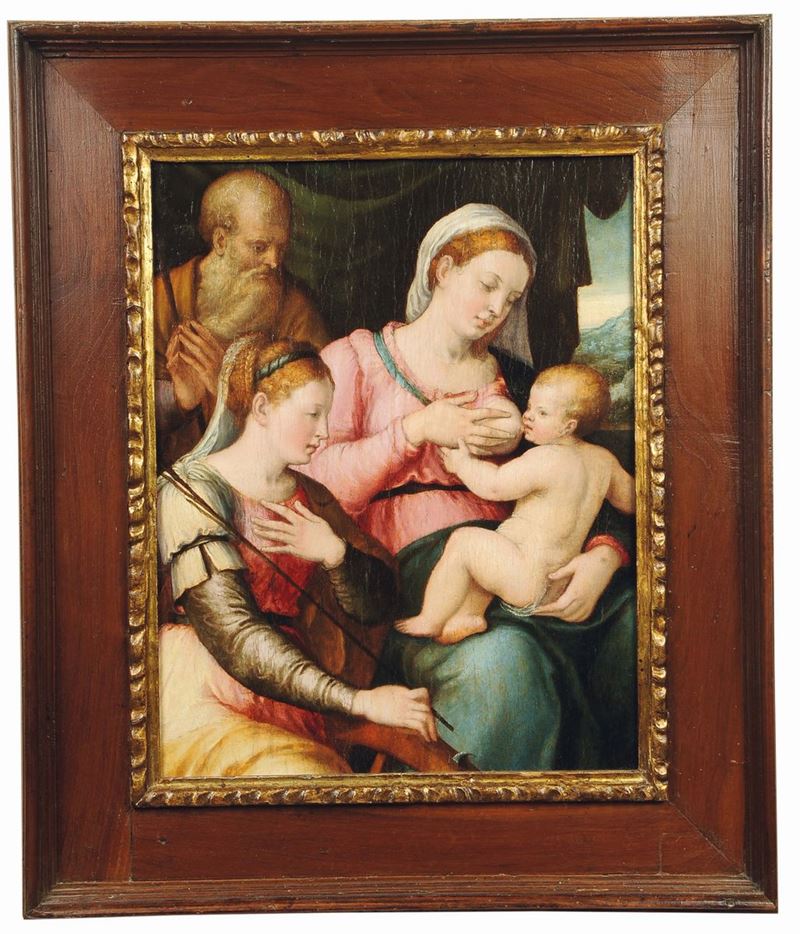 Luca Longhi (Ravenna 1507-1580) Sacra Famiglia con Santa Caterina  - Asta Fine Selection - II - III - Cambi Casa d'Aste