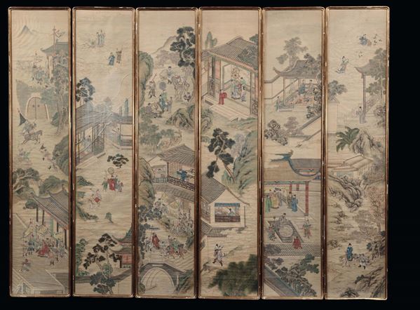 Six paintings on silk with landscape with figures, China, Qing Dynasty, 19th century