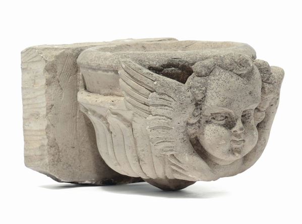 Acquasantiera in pietra con testa di putto alata, Italia centro-meridionale XVIII secolo