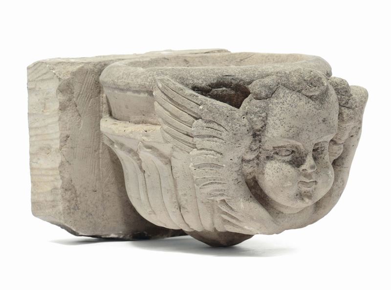 Acquasantiera in pietra con testa di putto alata, Italia centro-meridionale XVIII secolo  - Auction Antique and Old Masters - Cambi Casa d'Aste