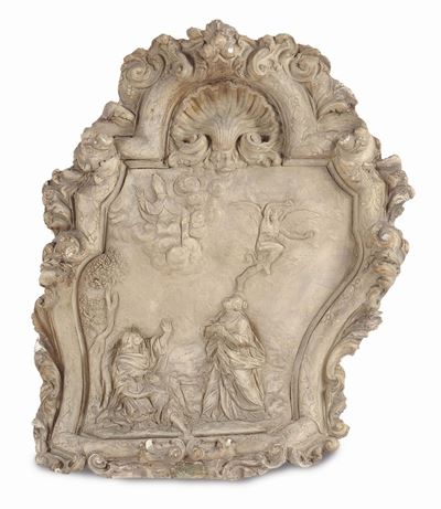 Coppia di Tabelle in Stucco Monocromo Raffiguranti Episodi Religiosi, Plasticatore Italiano del X...