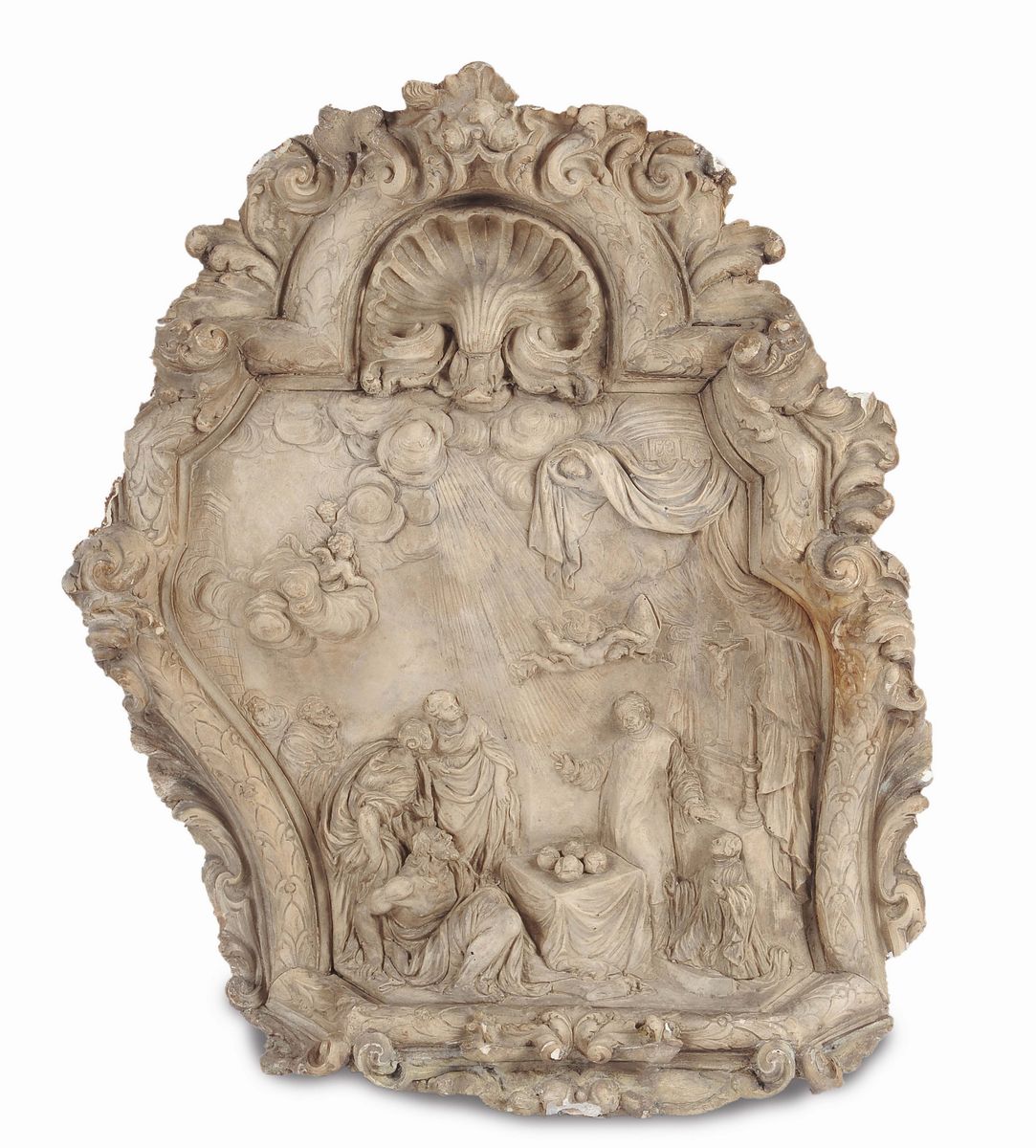 Coppia di Tabelle in Stucco Monocromo Raffiguranti Episodi Religiosi, Plasticatore Italiano del X...