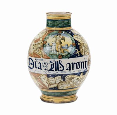 Boccia di Farmacia in Maiolica, a Decoro Istoriato Faenza XVII Secolo