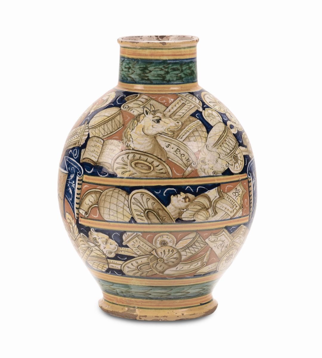 Boccia di Farmacia in Maiolica, a Decoro Istoriato Faenza XVII Secolo