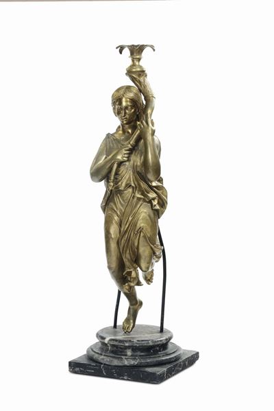 Figura Femminile con Cornucopia Reggicero in Bronzo Fuso e Dorato, XIX Secolo