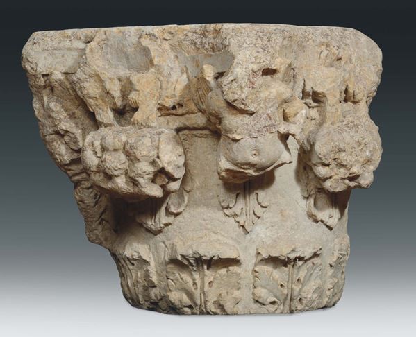 A stone capital carved on two sides with anthropomorphic and phytomorphic motives, Southern Italian Medieval art, 13th century