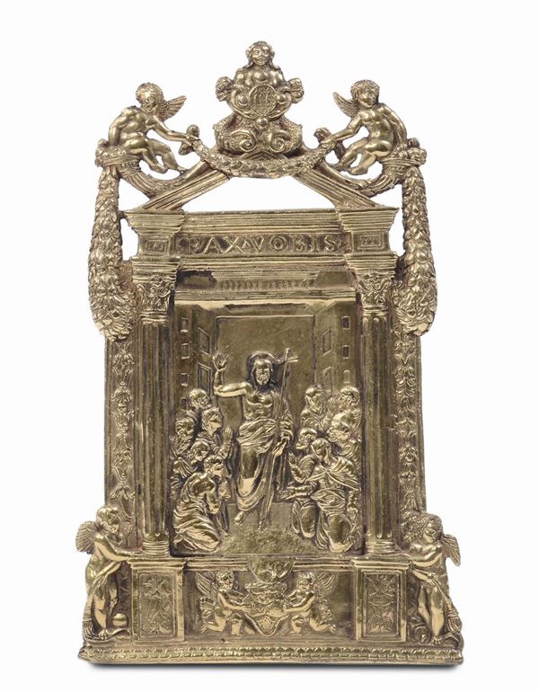 A molten, chiselled and gilt bronze pax, Italian art of the 17th century